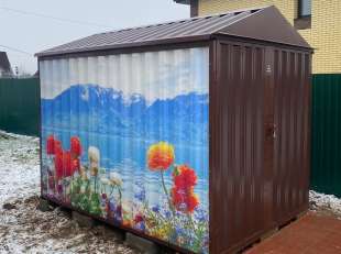 Хозблок для садовой техники и инвентаря в шоколадном цвете с принтом в дер. Елизарово, Солнечногорский р-н, МО